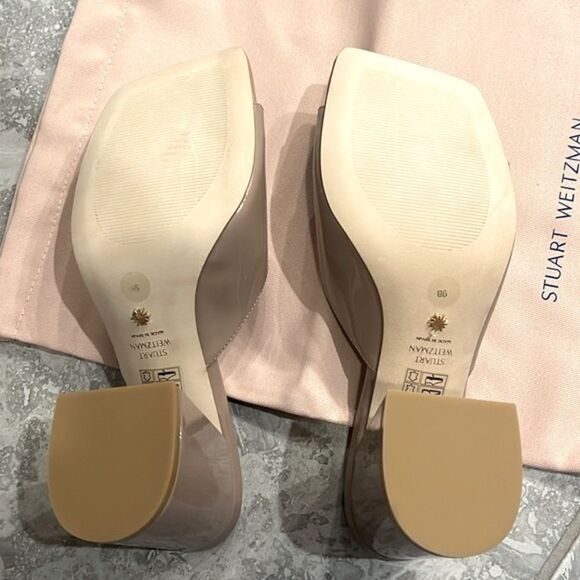 Stuart Weitzman Tia 85 Flared Block Heel Sandals Fawn Patent Leather, New Size 9 - Picture 4 of 7